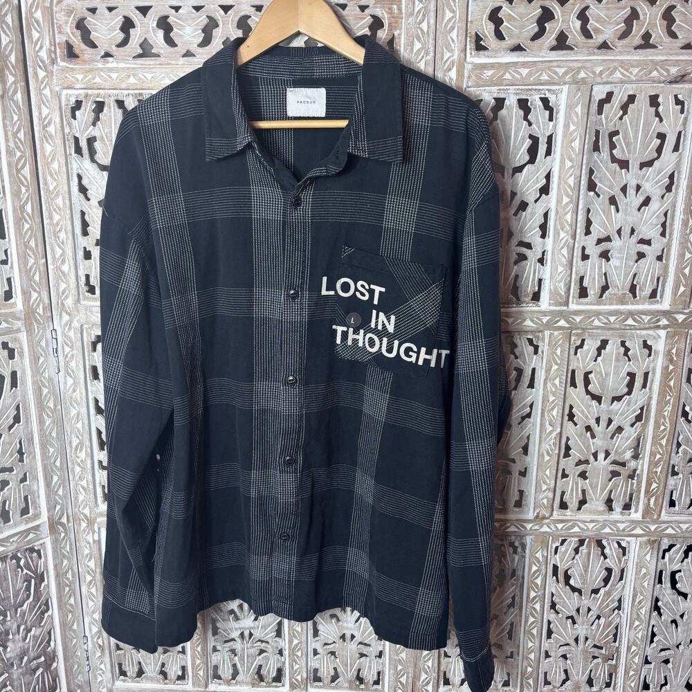 NEW Pacsun Mens Large Shirt Flannel Black White Plaid Lost In Thought Button Up